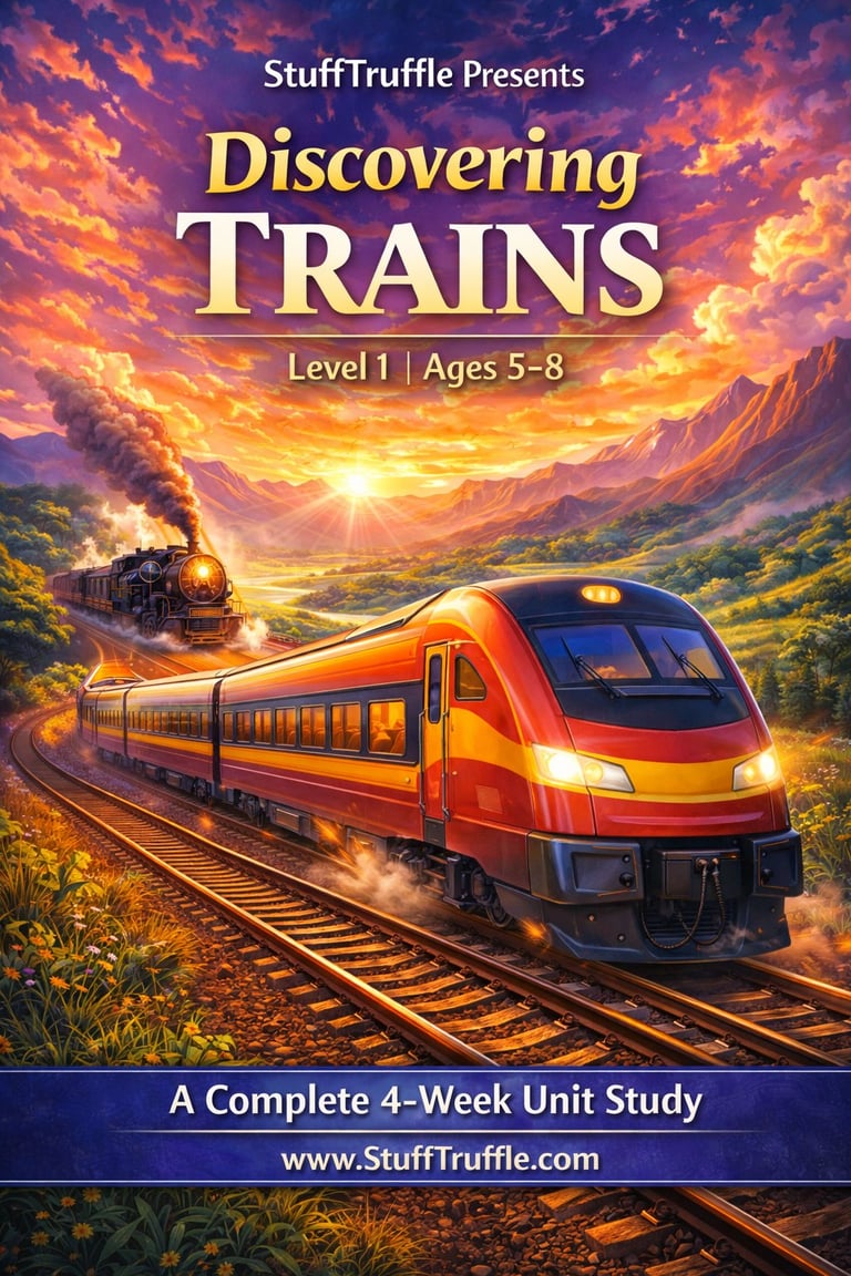 Book cover for Discovering Trains Level 1 ages 5-8, featuring a red modern train and vintage steam train on tracks at sunset.