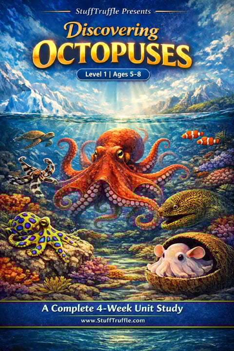 Educational book cover showing a large red octopus surrounded by colorful coral, fish, and sea creatures in an underwater scene with sunlight filtering from above