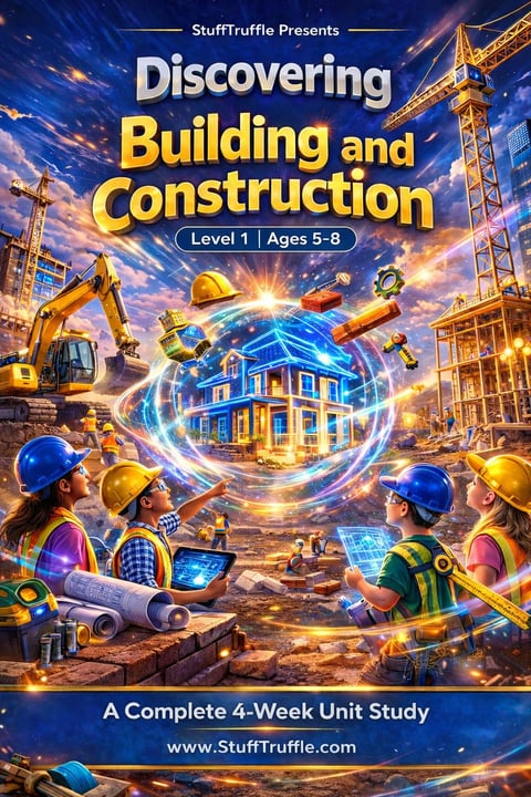 Educational book cover for Building and Construction Level 1 curriculum showing children in hard hats working with construction equipment and a glowing building
