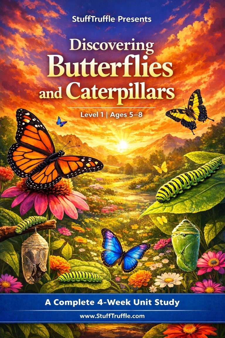 Educational book cover showing butterflies and caterpillars on colorful flowers with sunset landscape, titled Discovering Butterflies and Caterpillars Level 1 Ages 5-8