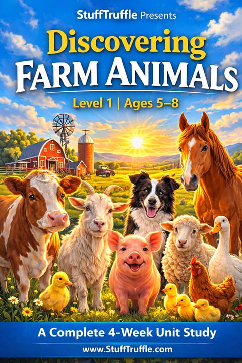 StuffTruffle Discovering Farm Animals Level 1 educational book cover featuring various farm animals and a sunset farm scene