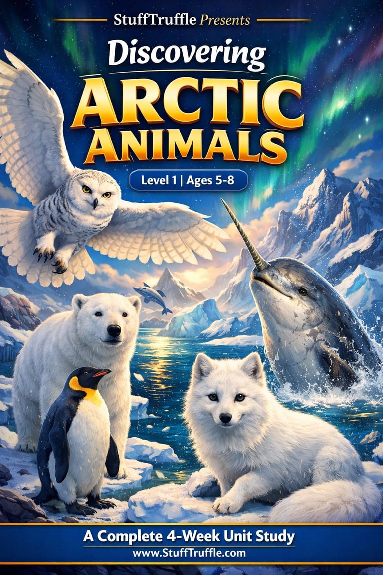 Educational book cover for Discovering Arctic Animals showing a snowy owl, polar bear, narwhal, penguin, and white wolf in an icy landscape with aurora borealis.
