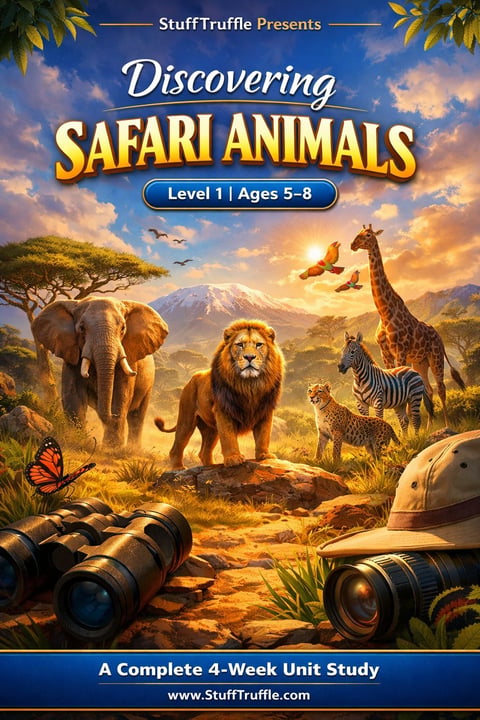 Educational book cover for safari animals learning program featuring elephant, lion, giraffe, zebra and leopard in African landscape with binoculars.