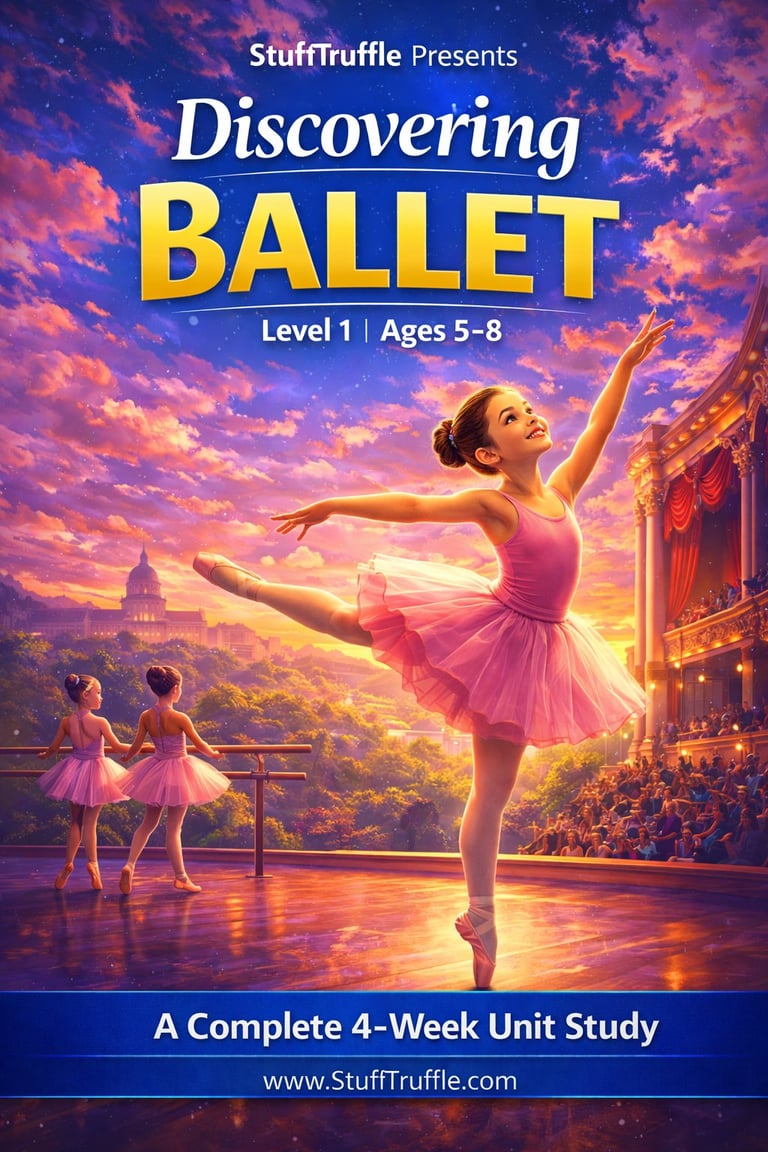 Young ballet dancer in pink tutu leaping on stage at sunset with cityscape backdrop, promotional cover for kids ballet learning program