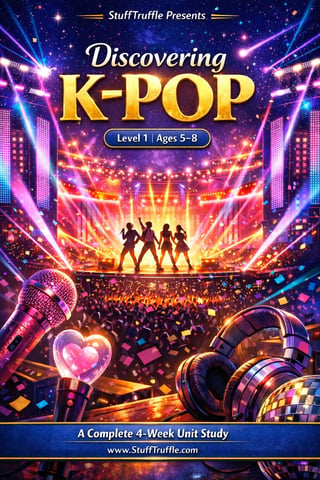 Colorful K-pop educational poster for Level 1 ages 5-8, featuring silhouetted performers on stage with concert lighting, microphone, and headphones graphics