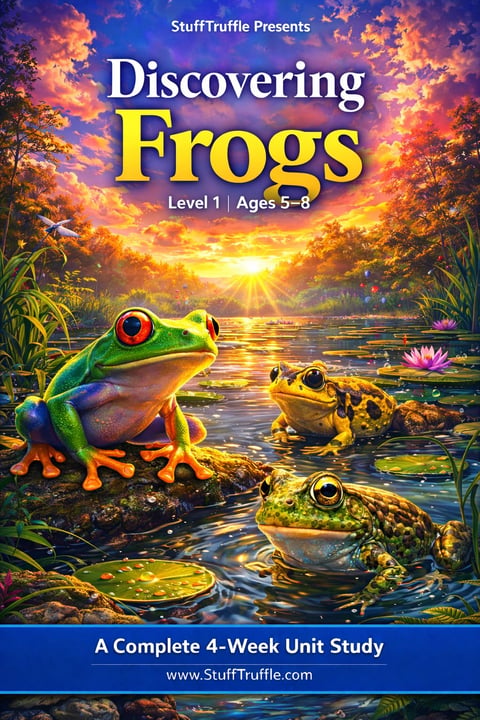 Educational book cover for Discovering Frogs Level 1 Ages 5-8, featuring three colorful frogs by water at sunset with lily pads and plants