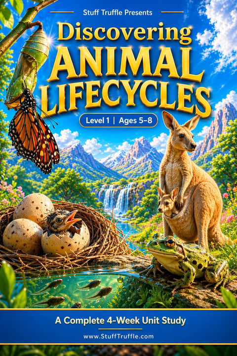 Educational book cover about animal lifecycles showing kangaroo, butterfly, bird eggs, and mountain waterfall landscape