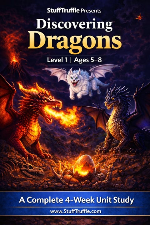 Cover of Discovering Dragons Level 1 educational program by StuffTruffle for ages 5-8, featuring mythical dragons breathing fire and a glowing egg