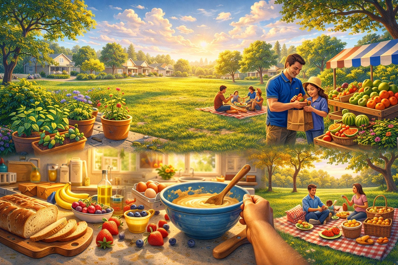 Community garden celebration with families harvesting fresh vegetables and sharing a picnic meal outdoors during golden hour