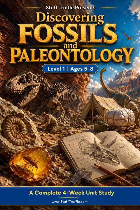Educational book cover for Discovering Fossils and Paleontology Level 1 for ages 5-8, featuring dinosaur skulls, ammonite fossils, amber, and excavation camp imagery
