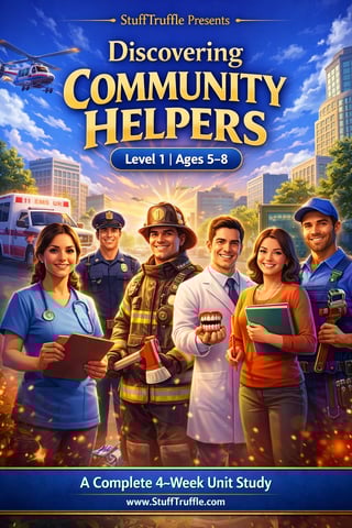 Educational book cover for Discovering Community Helpers Level 1 ages 5-8, featuring six diverse community professionals including doctor, police officer, firefighter, and teacher against a city skyline background.