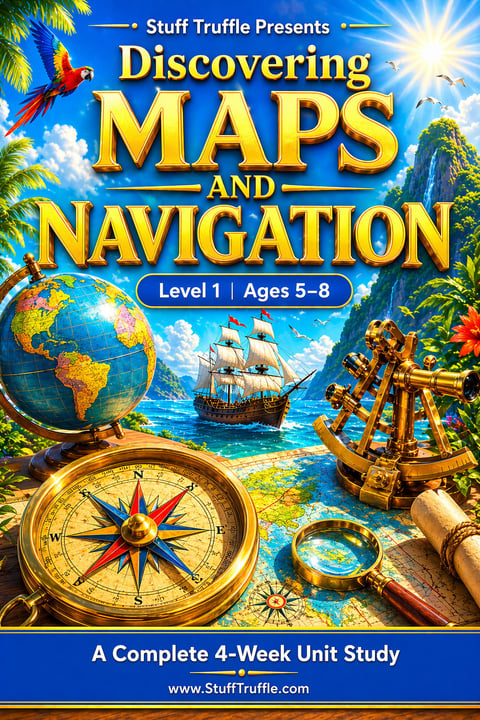 Educational book cover for maps and navigation lesson plan for ages 5-8, featuring compass, globe, sailing ship, and treasure hunting items