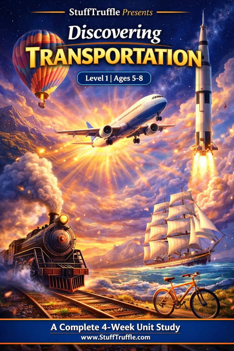 StuffTruffle Discovering Transportation Level 1 educational cover featuring hot air balloon, airplane, rocket, steam train, sailboat, and bicycle against sunset sky