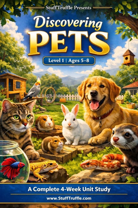 Educational book cover for Discovering Pets Level 1 by Stuff Truffle Presents, featuring a golden retriever, cat, rabbit, guinea pig, ferret, fish, and bird in a backyard farm setting with text indicating its for ages 5-8 and a 4-week unit study.