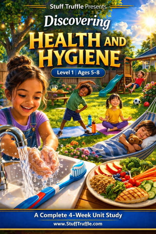 Children demonstrating health and hygiene activities including handwashing, exercise, healthy eating, and rest in a sunny backyard setting