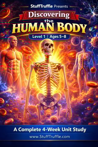 StuffTruffle Discovering the Human Body Level 1 educational poster for ages 5-8 featuring glowing anatomical figures and skeleton