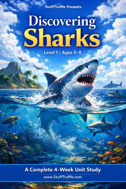 Book cover for Discovering Sharks Level 1 showing a great white shark breaching water with tropical island and ocean life in background