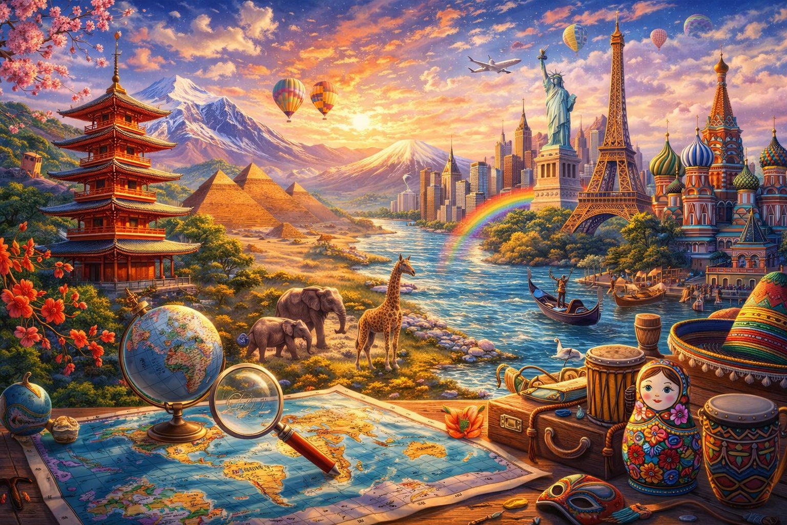 Fantastical collage illustration featuring world landmarks including Asian pagoda, pyramids, Statue of Liberty, and European castles set in a dreamy landscape with wildlife and travel artifacts.
