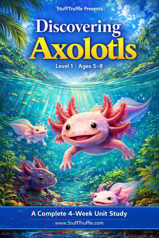 Educational book cover for Discovering Axolotls featuring colorful illustrated axolotls swimming in a blue underwater environment with aquatic plants.