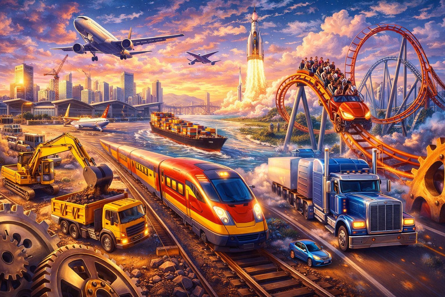 Colorful illustration of various transportation modes including airplanes, trains, trucks, and construction vehicles against a city skyline at sunset.