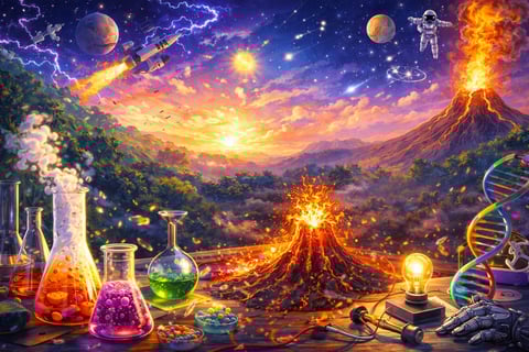 Surreal landscape blending science and nature: volcanic mountains, colorful lab flasks, glowing DNA helix, spacecraft, and cosmic sky with planets and lightning
