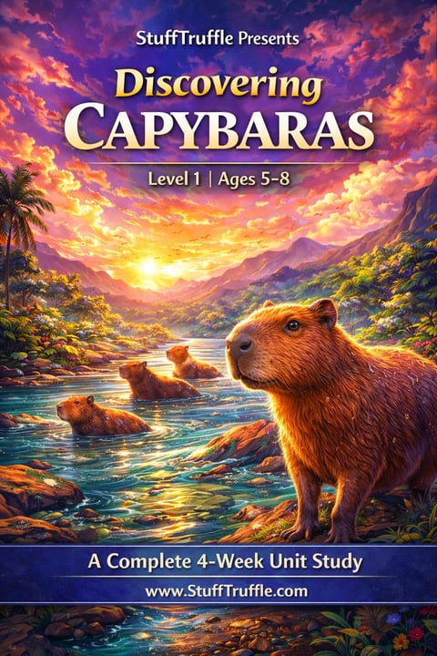 Colorful book cover for Discovering Capybaras Level 1, featuring capybaras in a tropical river landscape at sunset