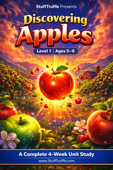 Colorful educational book cover for Discovering Apples, Level 1 for ages 5-8, featuring glowing red and green apples in an orchard with dramatic sky background