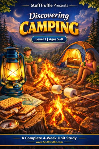 StuffTruffle camping educational program cover showing two children by a campfire with tent, lantern, and smores for ages 5-8