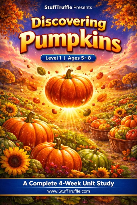 StuffTruffle Discovering Pumpkins educational book cover for ages 5-8, featuring glowing pumpkins in a harvest field with sunflowers