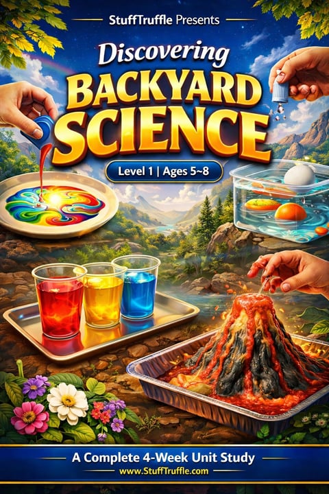 Educational book cover for Discovering Backyard Science Level 1, featuring hands-on experiments with colorful liquids, paint palette, volcano model, and flowers against outdoor landscape.