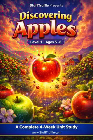 Colorful book cover for Discovering Apples Level 1, Ages 5-8, featuring glowing red and green apples in a sunlit orchard with a red barn