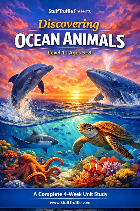 StuffTruffle educational book cover showing diverse ocean animals including whales, sea turtle, and coral reef creatures against a sunset backdrop