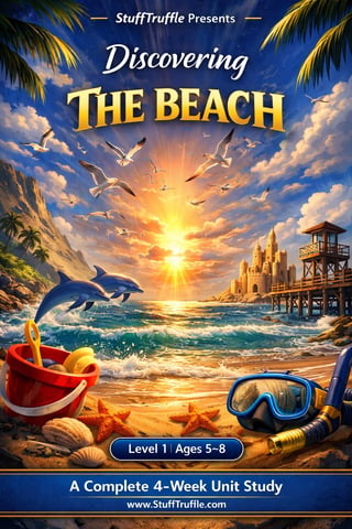 Educational book cover titled Discovering The Beach showing a beach scene with dolphins, sandcastle, seashells, and snorkel gear at sunset.
