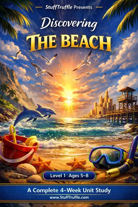Educational book cover titled Discovering The Beach showing a beach scene with dolphins, sandcastle, seashells, and snorkel gear