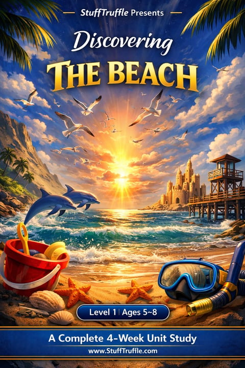 Educational book cover titled Discovering The Beach showing a beach scene with dolphins, sandcastle, seashells, and snorkel gear at sunset.
