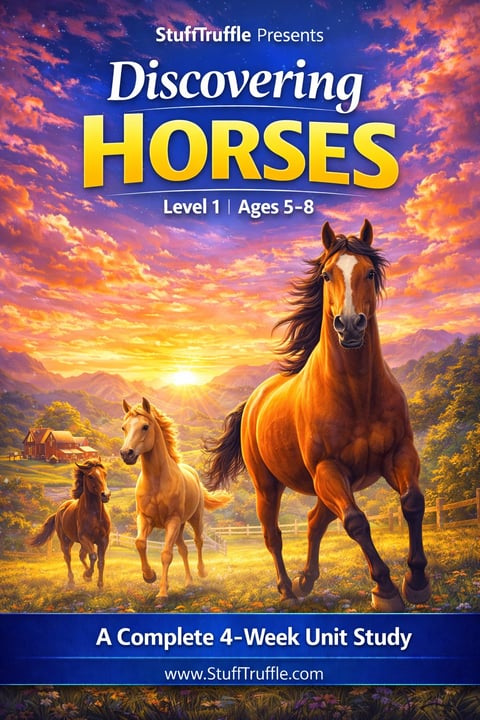 Educational book cover for Discovering Horses Level 1, showing horses in a sunset meadow landscape with mountains
