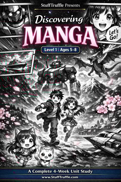 Discovering Manga Level 1 book cover for ages 5-8 featuring anime characters, robots, and action scenes in black and white with pink accents