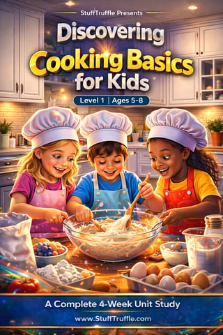 Three smiling children wearing chef hats mixing ingredients in a bowl in a bright kitchen for a cooking basics course