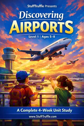 Educational book cover showing children watching an airplane taking off at sunset, with airport control tower and buildings in background. StuffTruffle Presents Discovering Airports Level 1 Ages 5-8.