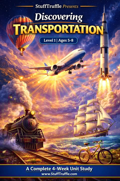 StuffTruffle Discovering Transportation Level 1 educational cover showing hot air balloon, airplane, rocket, steam train, sailboat, and bicycle against golden clouds