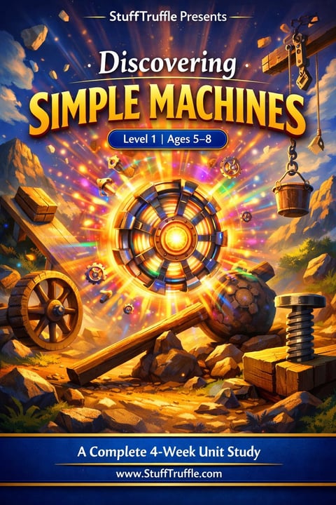 Educational book cover for Discovering Simple Machines Level 1 Ages 5-8, featuring glowing mechanical gears, pulleys, and levers with golden light effects and rocks