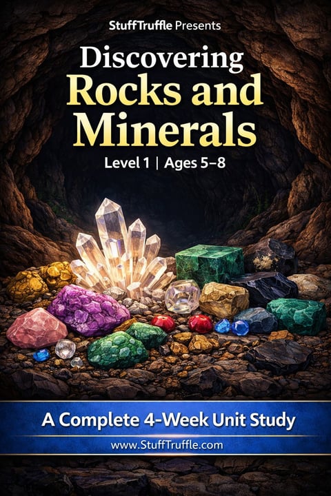 StuffTruffle Presents Discovering Rocks and Minerals Level 1 ages 5-8, a complete 4-week unit study, displayed with colorful mineral specimens and crystals in a cave setting