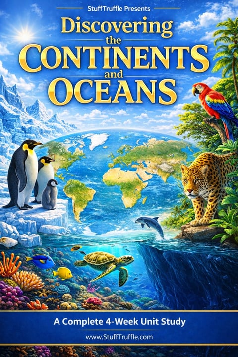 Educational poster for Discovering the Continents and Oceans unit study showing a world map surrounded by wildlife including penguins, parrot, leopard, and coral reef
