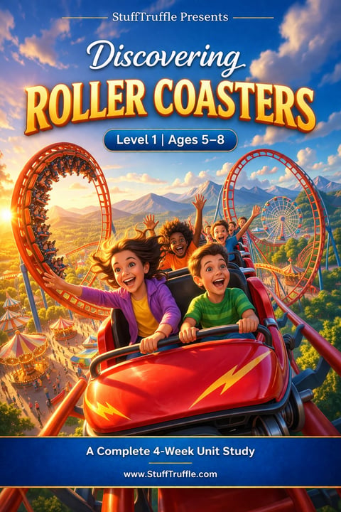 Animated children riding a red roller coaster with dramatic track curves and amusement park background, educational book cover for ages 5-8