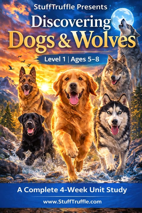 StuffTruffle Presents Discovering Dogs & Wolves Level 1 educational poster featuring four dogs and a wolf howling at the moon with mountains and sunset background
