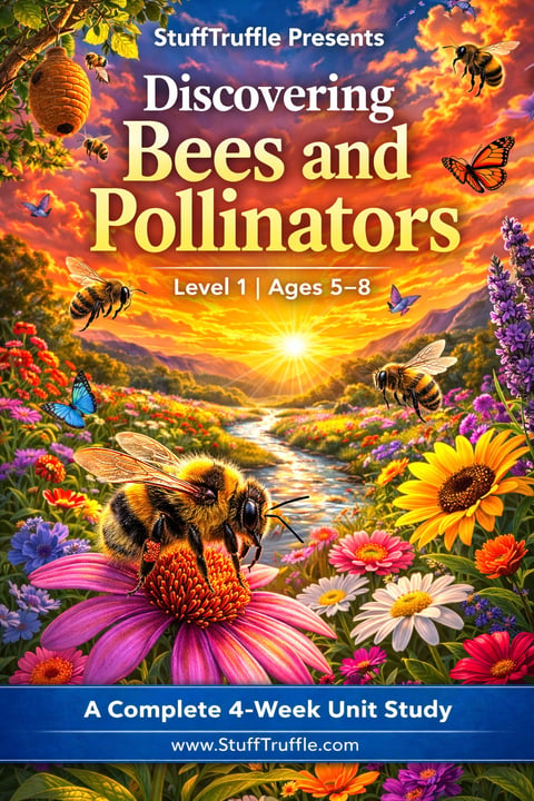Educational book cover showing colorful flowers, bees, butterflies, and a sunset landscape for discovering bees and pollinators, Level 1, Ages 5-8
