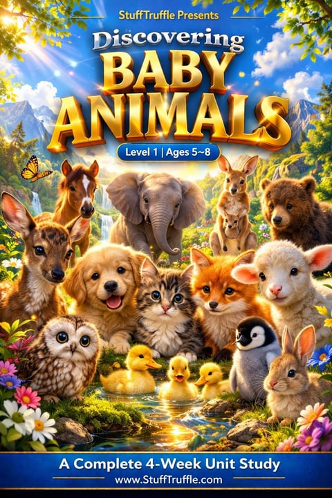Educational book cover featuring diverse baby animals including elephant, deer, cats, dog, owl, ducklings, and rabbit in natural landscape with flowers
