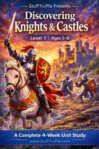 Book cover for Discovering Knights and Castles Level 1 featuring a knight on horseback with sword and shield against a castle backdrop