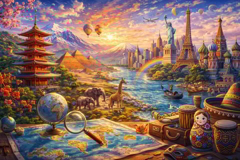 Vibrant fantasy collage featuring iconic world landmarks including Asian temple, pyramids, Big Ben, Statue of Liberty, and Saint Basils Cathedral with travel items and golden sunset