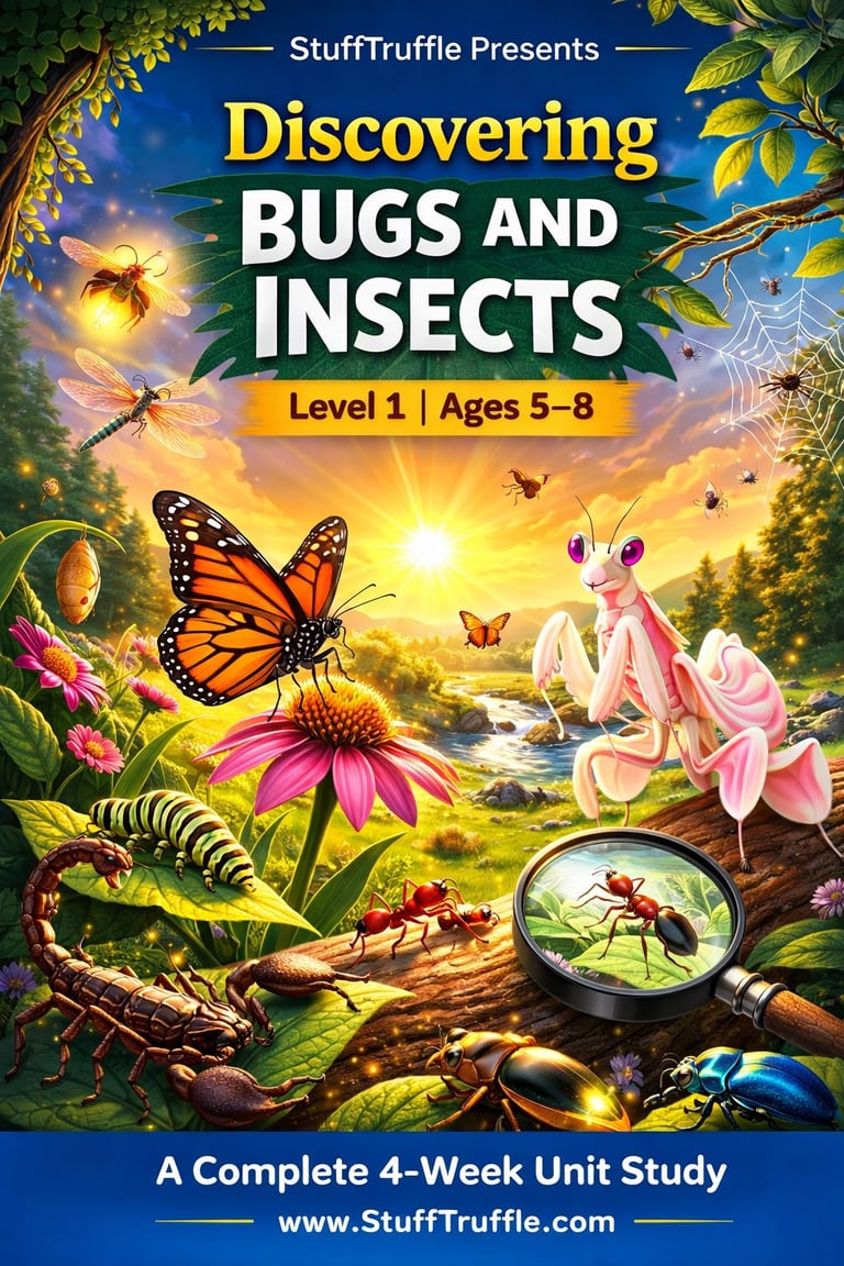 Educational book cover for Discovering Bugs and Insects Level 1 with illustrated insects, flowers, and a magnifying glass on nature background